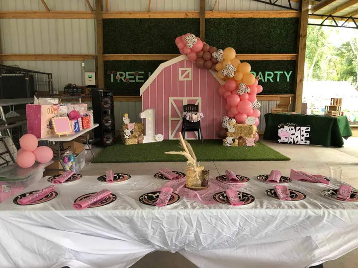 A decorated gathering space at Tree House Farm